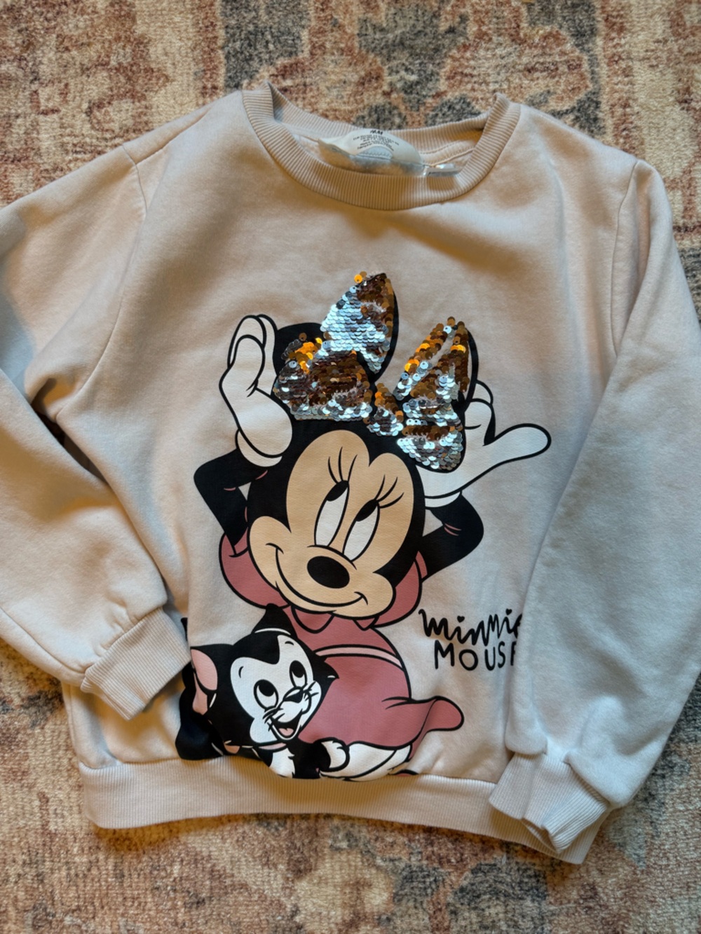 H&M Minnie Mouse Sequin Bow Sweatshirt in Light Pink and Black